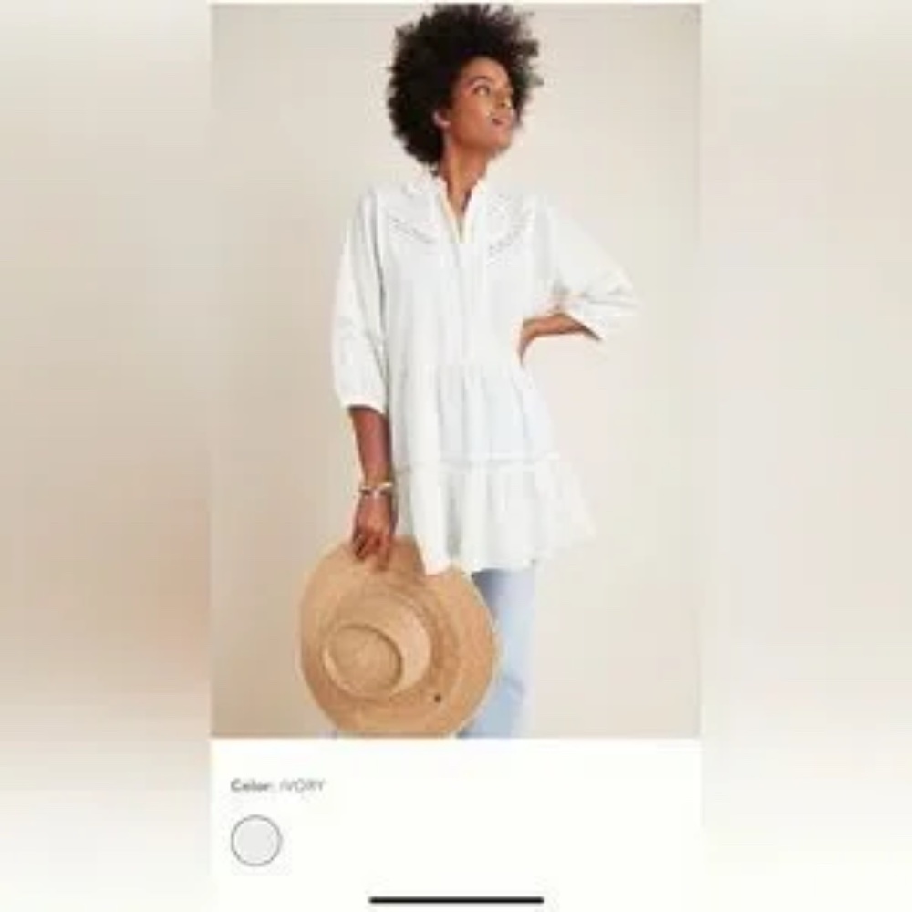Anthropologie Vicenza Ivory Lace Swiss Dot Cotton Tunic Top Mini Dress